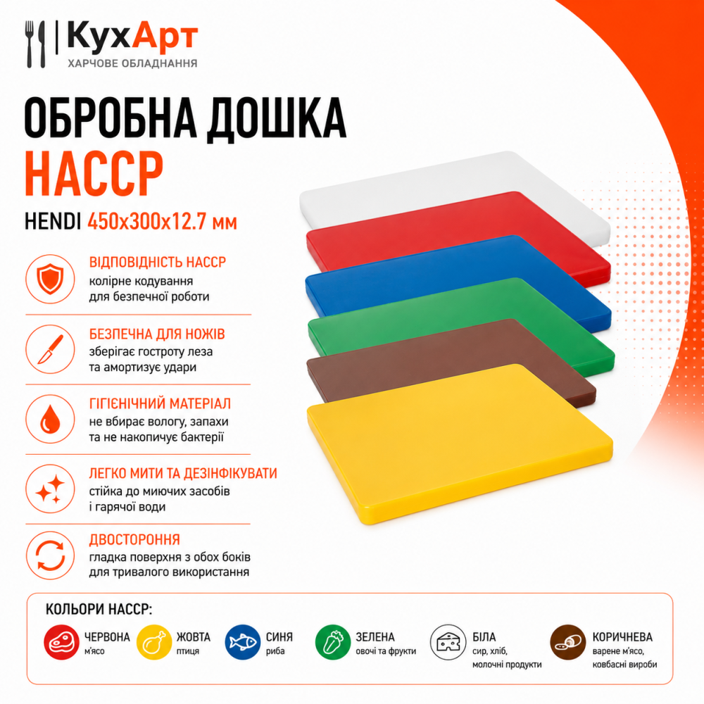 Обробна дошка Hendi HACCP 450×300×13 мм (в асортименті)